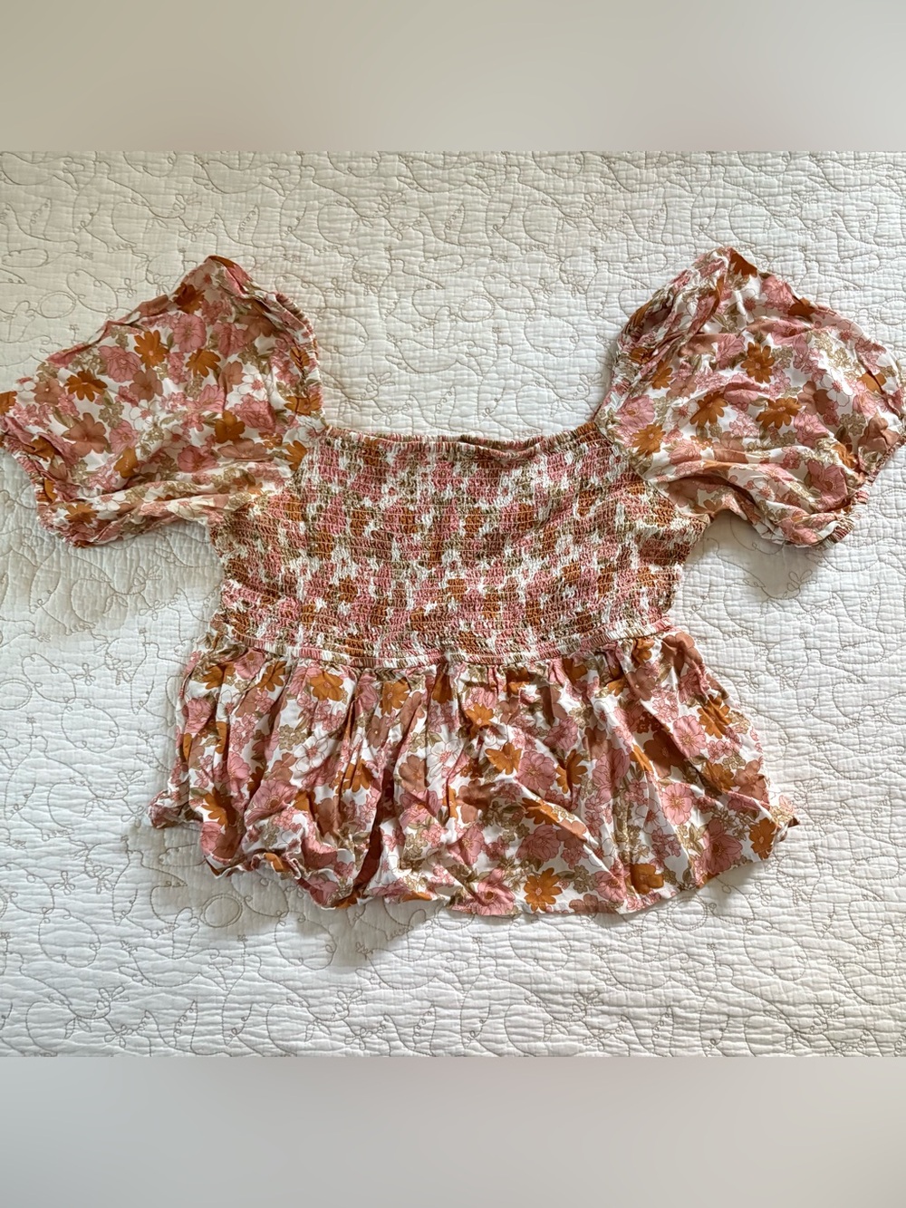 Smocked Floral Peasant Top - Pink & Brown